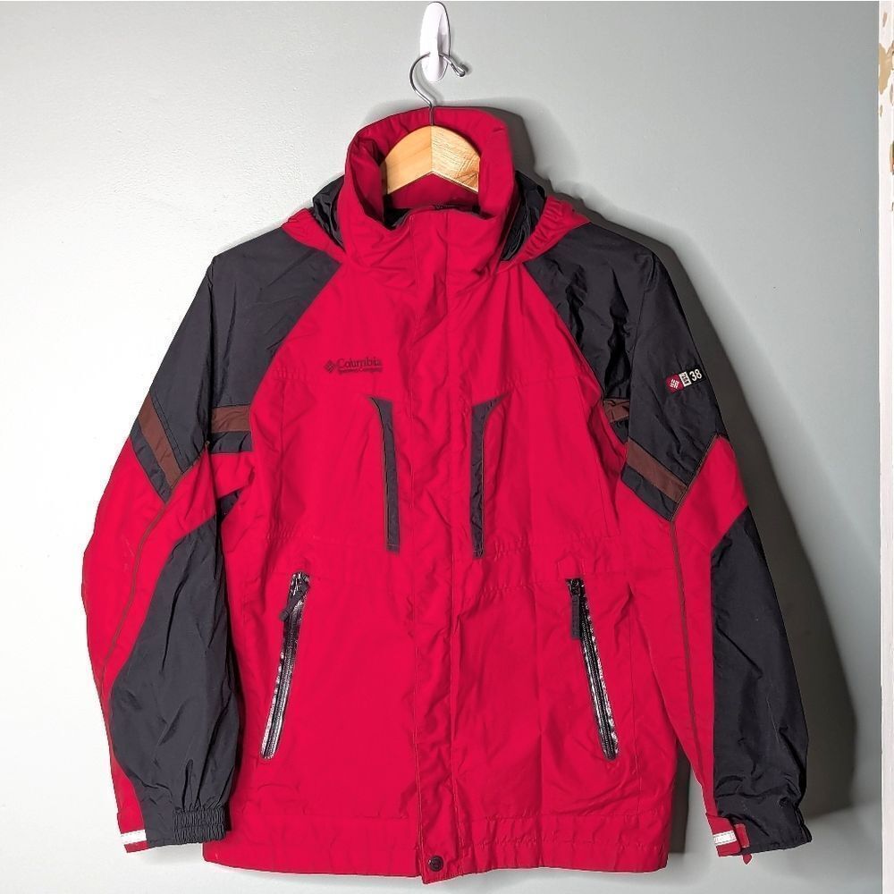 Columbia Sportswear Youth Red Black Waterproof Hoodie Shell Windbreaker Sz 14